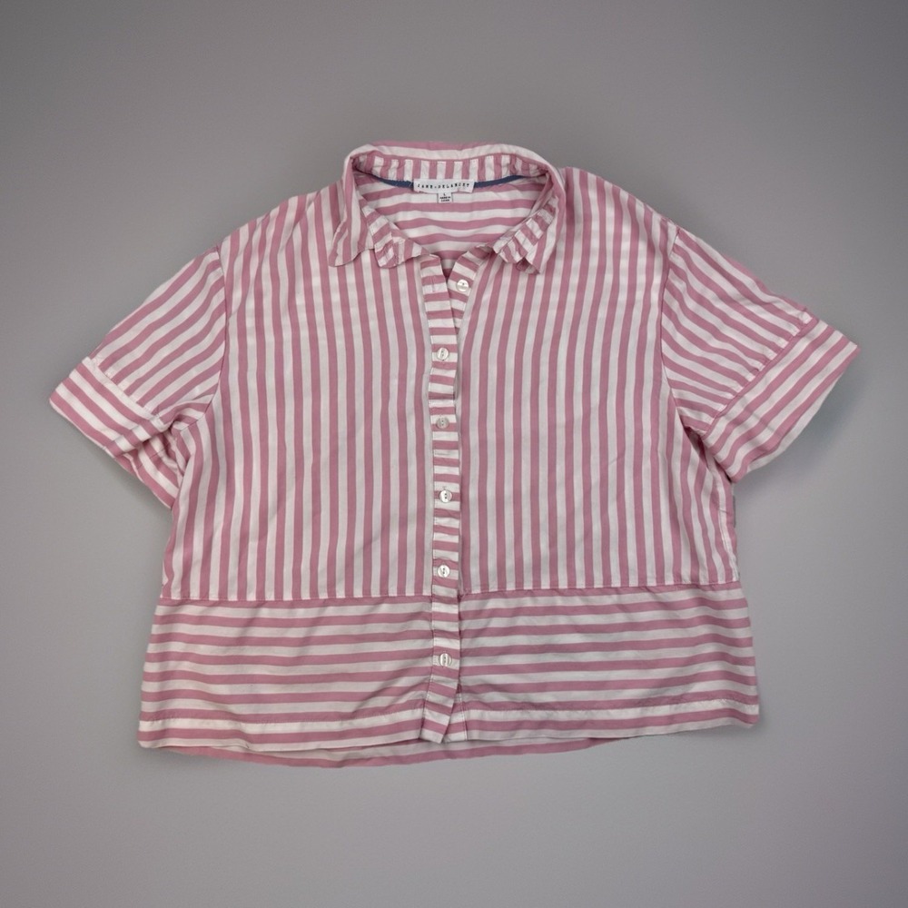 Pink Striped Coastal Button Up Boxy Blouse Rayon Jane Delancey Large